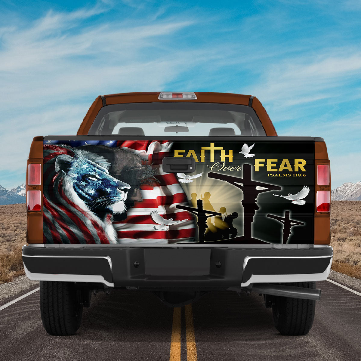 Petthouse | Faith Over Fear Tailgate Wraps For Trucks Jesus Lion Of Judah Graphic Wraps Patriotic Gifts