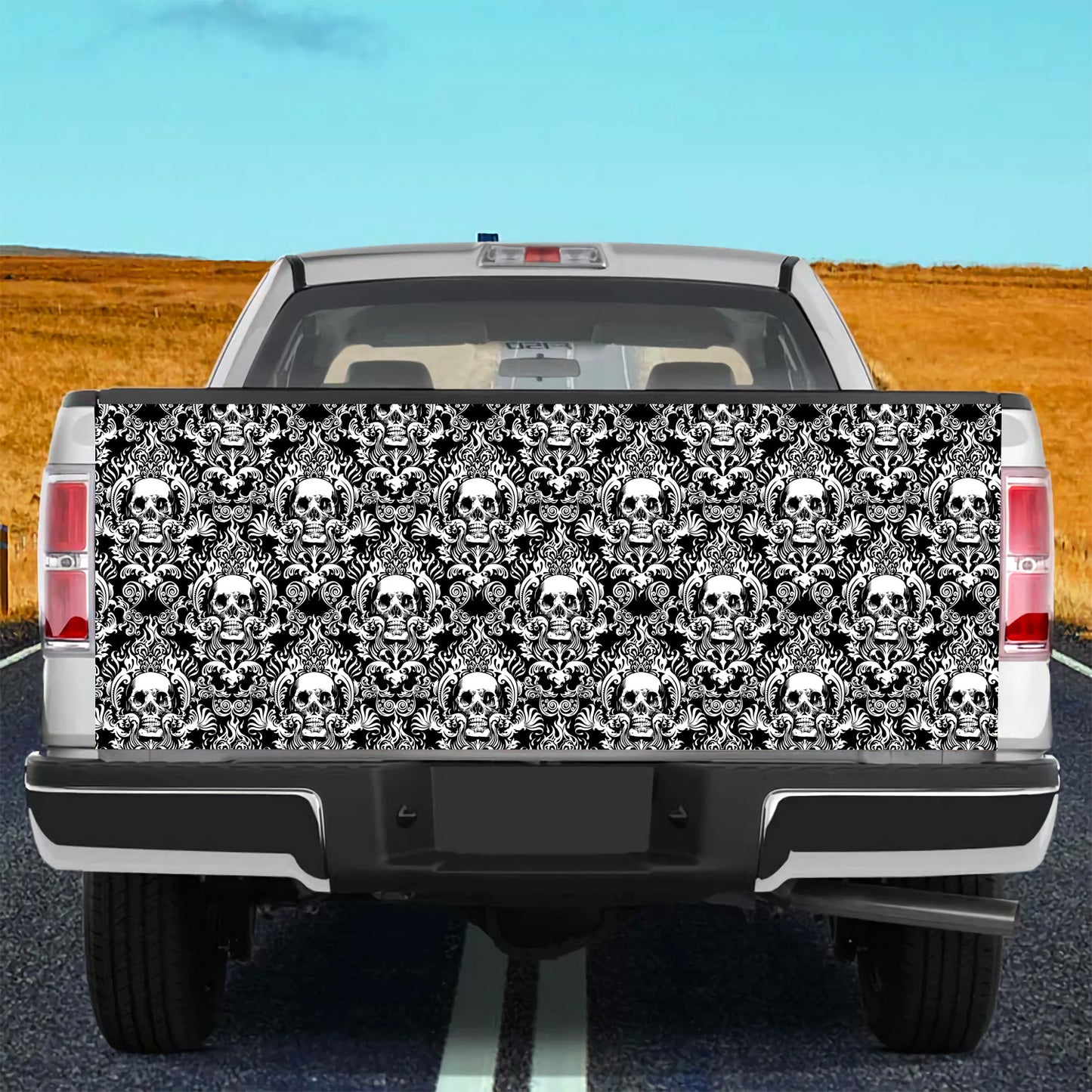 Petthouse | Skull Mandala Pattern Printed Tailgate Wrap, Skull Skeleton Halloween Truck Decor