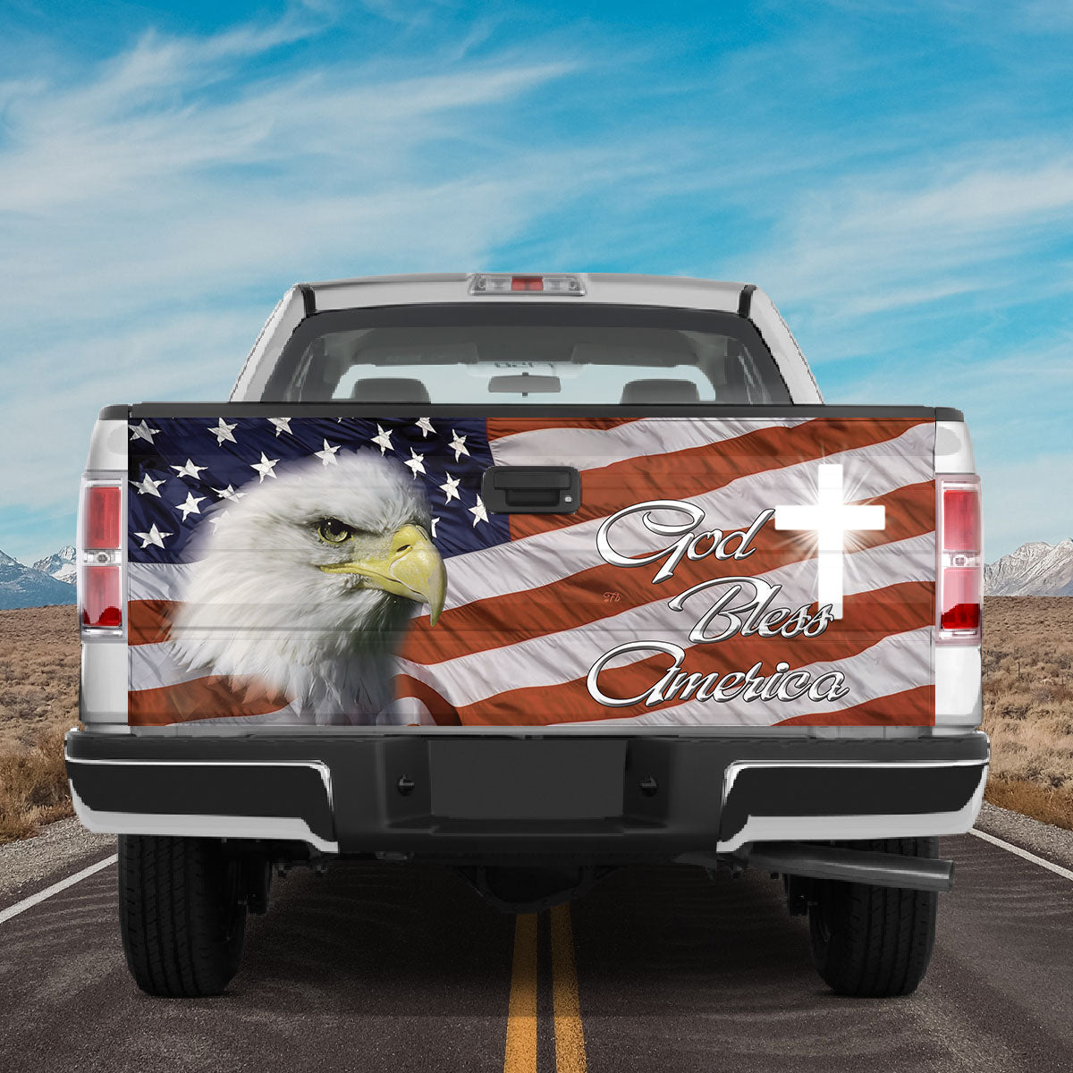 Petthouse | God Bless America Tailgate Wrap Vinyl Graphic Decal Christian Cross American Flag Truck Decoration