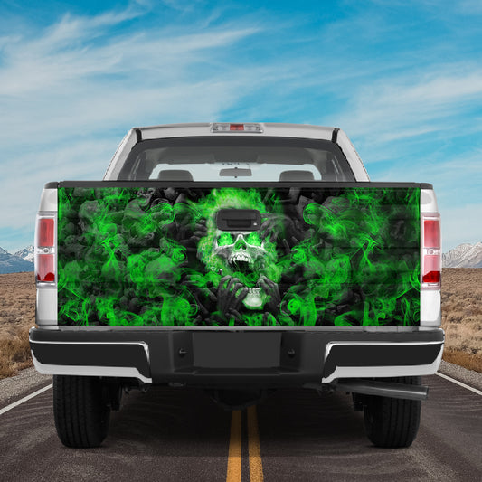 Petthouse | Skull Smoke Green Flame Halloween Tailgate Wrap Creepy Skull