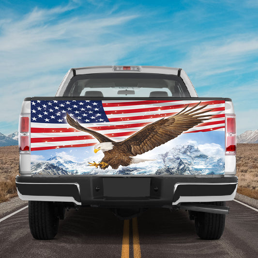 Petthouse | Eagle American Flag Printed Tailgate Wrap Winter Moutain Landscape Car Decal For Independence Day