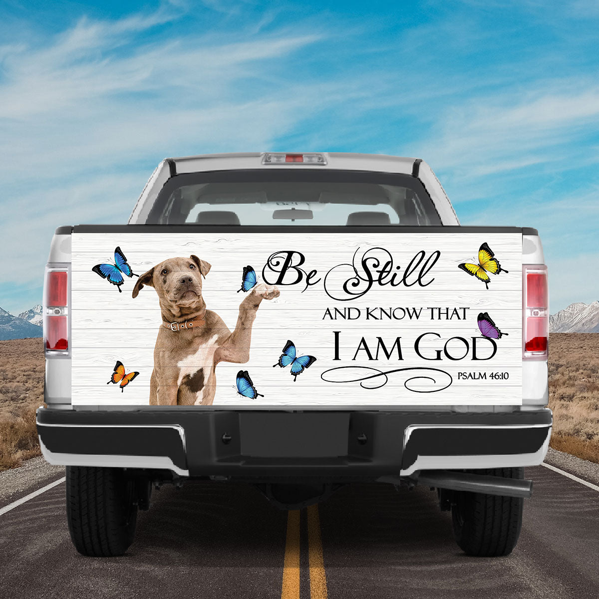 Petthouse | Pit Bull Puppies Be Still And Know That I Am God Psalm Tailgate Wrap Decal Puppies And Butterfly