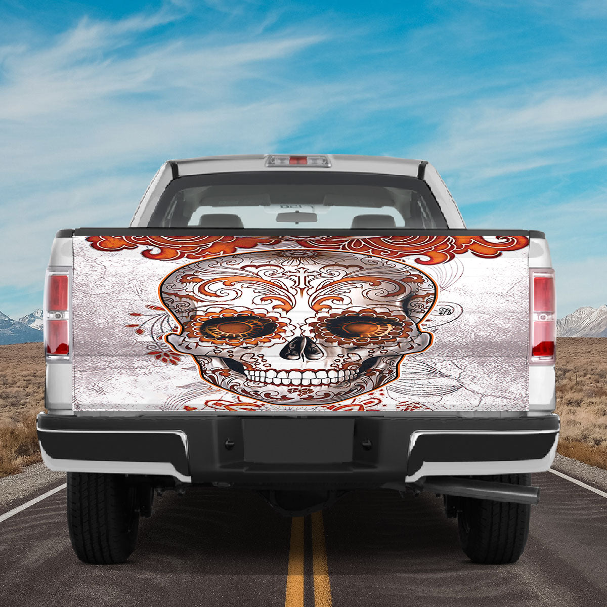 Petthouse | Orange Sugar Skull Tailgate Wrap Mexico Skull Pattern Wrap Skull Pattern Cover Car Decoration