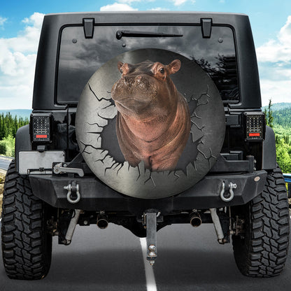 Petthouse | Hippopotamus Cute Tire Wheel Protector Hippo Through Cracked Hole Truck Cover Animal Lover Gifts