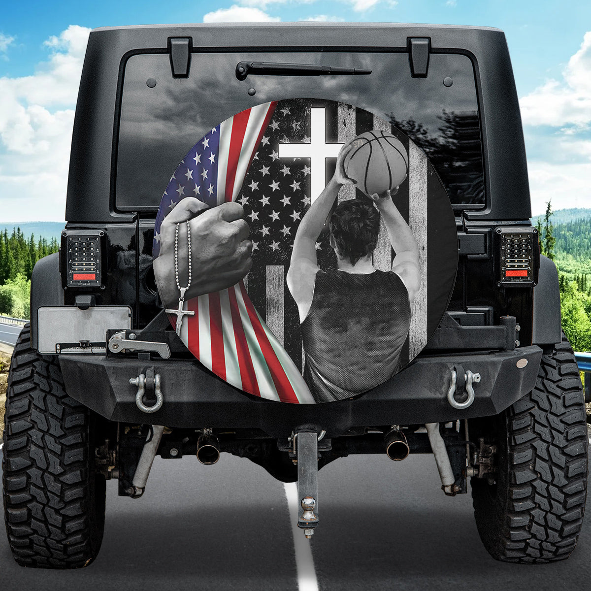 Petthouse | Basketball Player American Flag Jesus Christ Bible Spare Tire Cover Car Accessories Men Gift