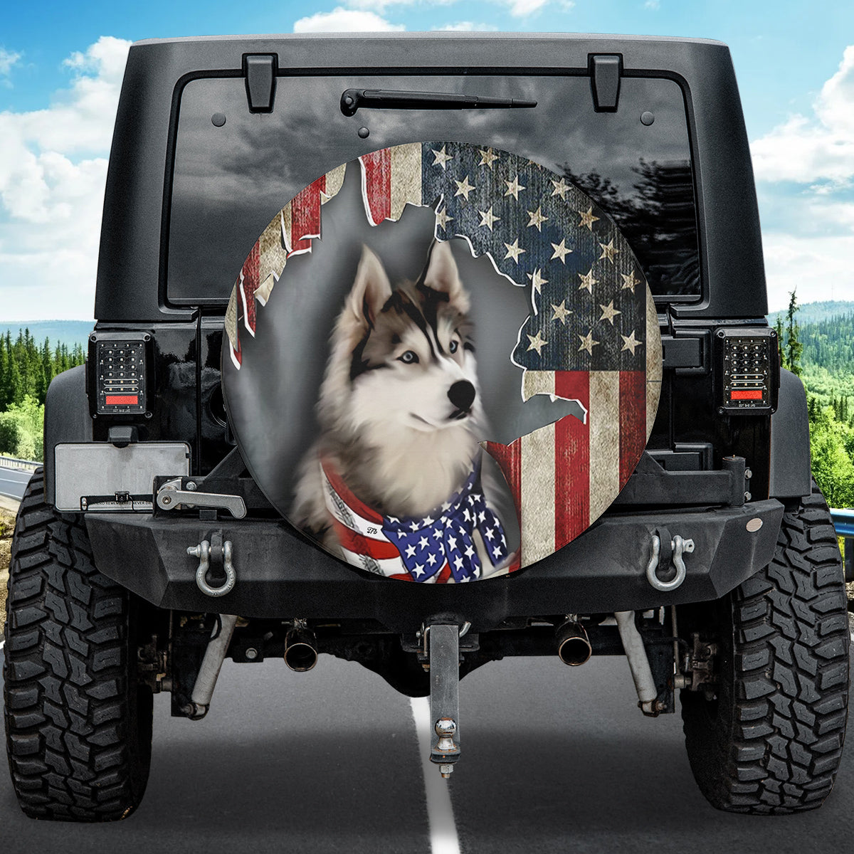 Petthouse | Husky Spare Tire Cover Husky Blue Eyed Cover American Flag Tire Wrap Car Decoration