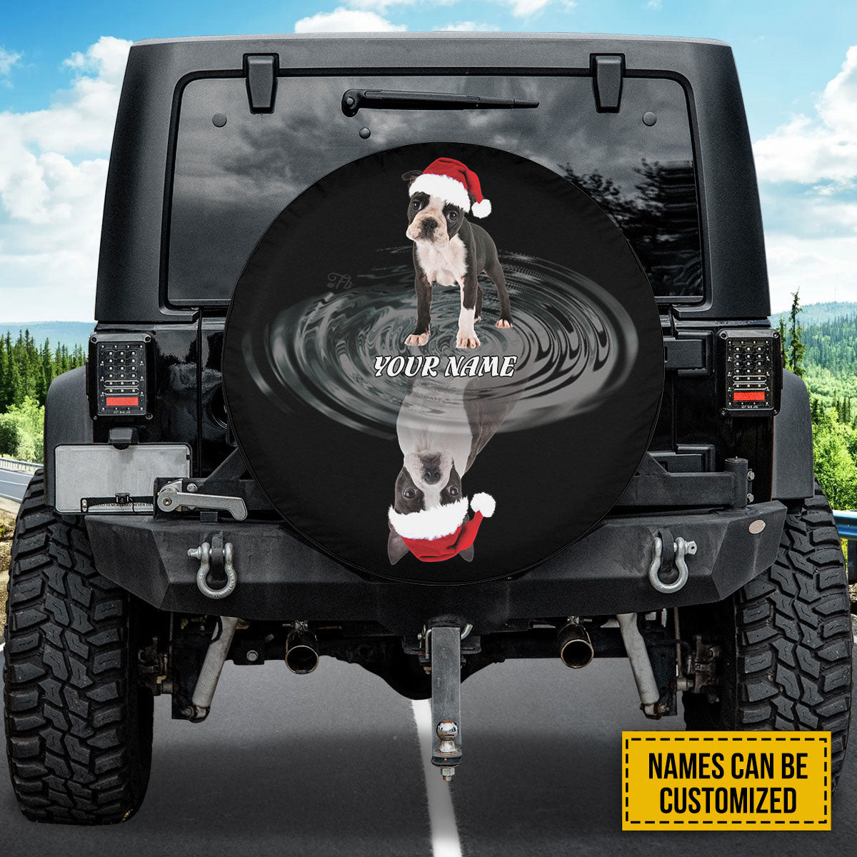 Petthouse | Personalized Name Boston Terrier Santa Hat Spare Tire Cover, Boston Terrier Owner Truck Decor