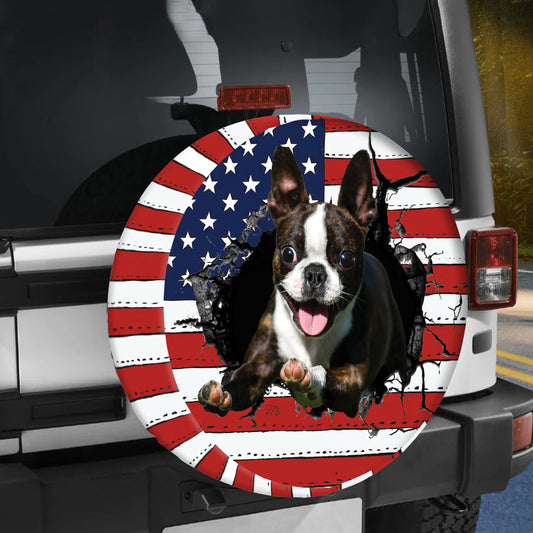 Petthouse | Boston Terrier Spare Tire Cover Funny Dog Spare Tire Cover American Flag Tire Cover Dog Lover