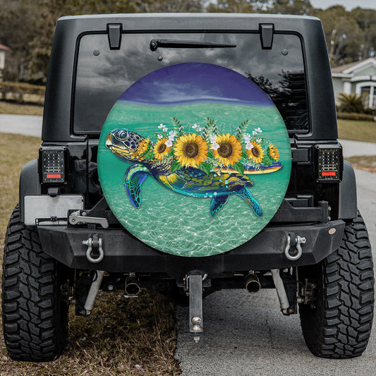 Petthouse | Sea Turtle Tire Cover Sunflower Tire Wrap Sea Artwork Tire Cover Sea Lover Cover Car Decoration