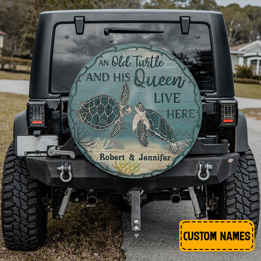 Petthouse | Custom Name Turtle Couple Spare Tire Cover Old Turtle And His Queen Tire Cover Valentine Gift