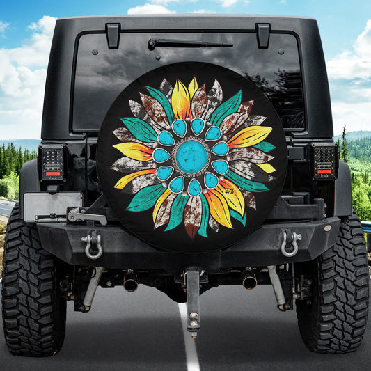 Petthouse | Sunflowers Lovers Spare Tire Cover, Hippie Style Vintage Indian Lovers Truck Decor Gift