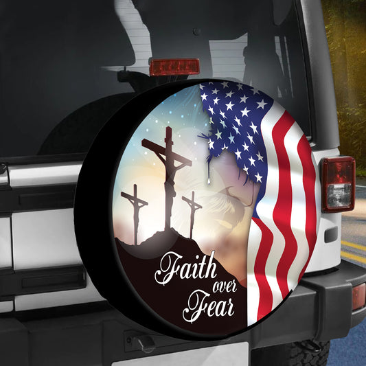 Petthouse | Jesus Cross American Flag Faith Over Fear Tire Cover Car Accessories God Bless American Patriot