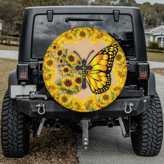 Petthouse | Butterfly Sunflower Cross Faith Spare Tire Cover Christian Wheel Cover Sunflower Tire Cover Gift