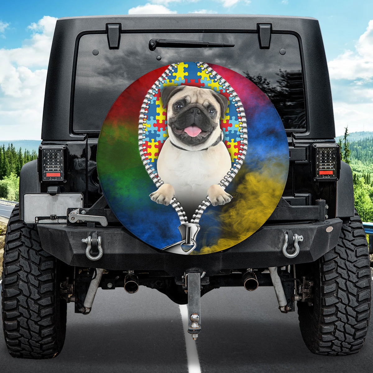 Petthouse | Pug Autism Month Spare Tire Cover Autism Acceptance Tire Protector Dog Lover Car Decoration