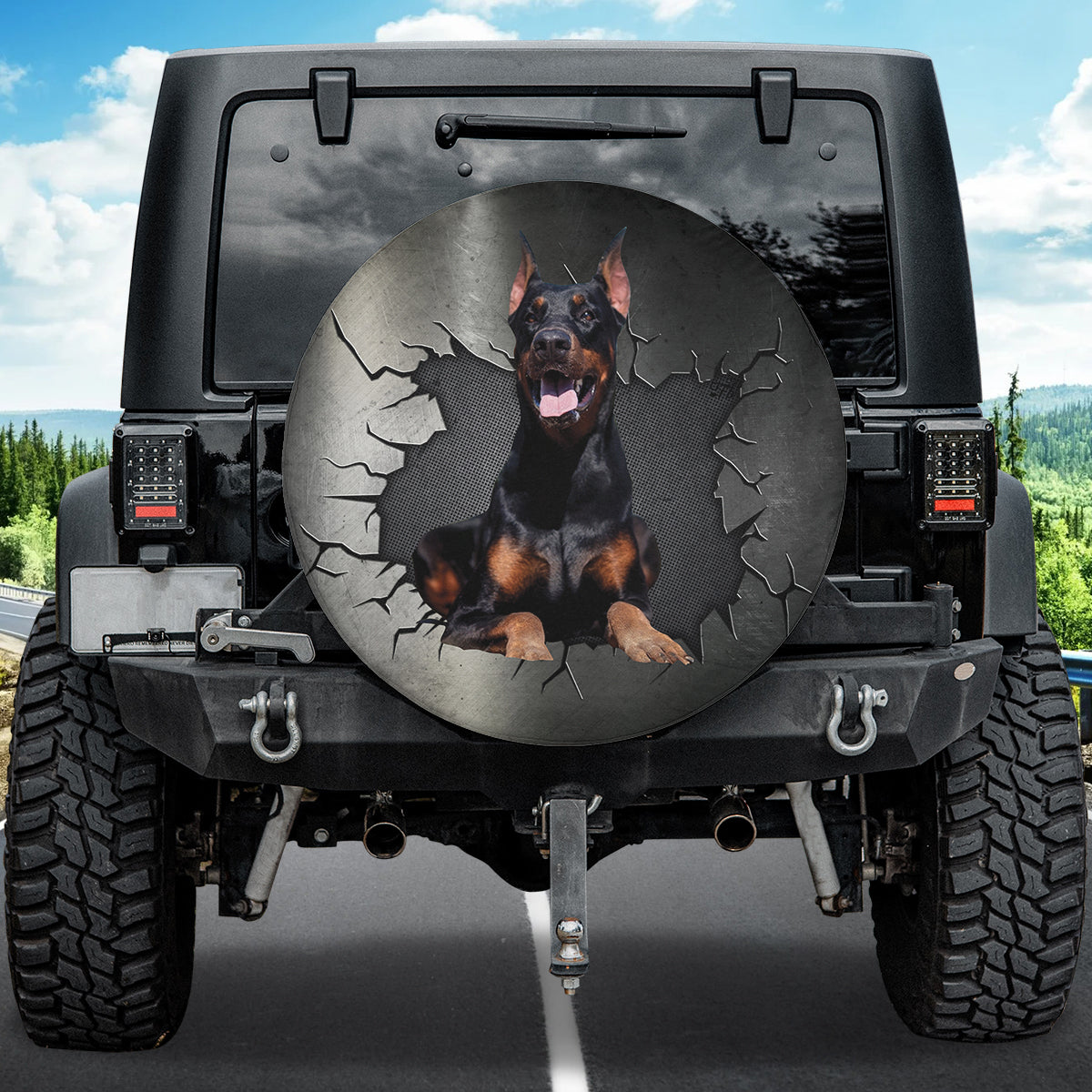 Petthouse | Spare Wheel Cover Doberman Pinscher Dog Wheel Tote Protects Metal Hole Punched Fun Car Decor