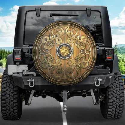 Petthouse | Viking Dragon Gold Shield Spare Tire Cover Old Wooden Viking Shield Sigurd Snake Viking Pattern