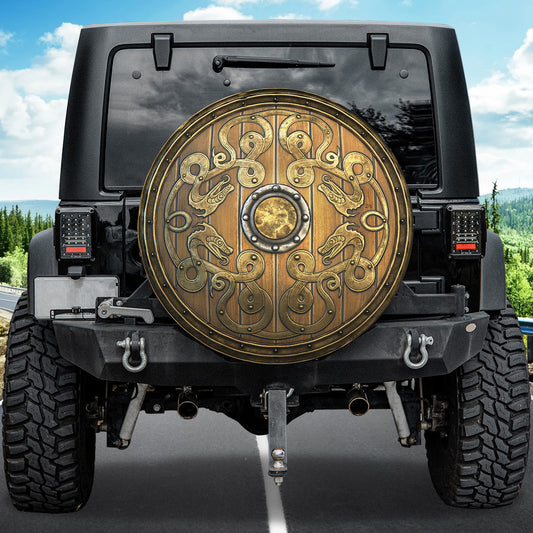 Petthouse | Viking Dragon Gold Shield Spare Tire Cover Old Wooden Viking Shield Sigurd Snake Viking Pattern