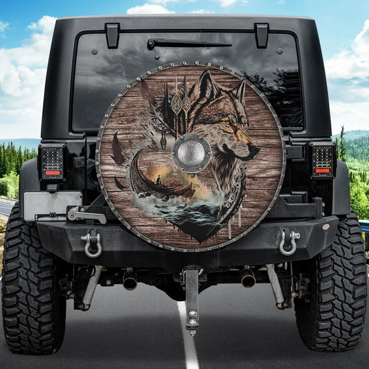 Petthouse | Viking Wolf Tire Cover Wolf Wood Artwork Tire Wrap Viking Shield Tire Cover Car Decorarion