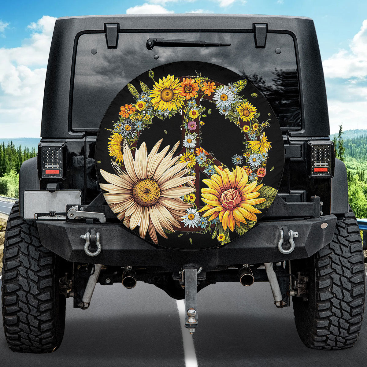 Petthouse | Sunflowers Hippie Peace Sign Spare Tire Cover Flower Floral Car Accessory Truck Decoration