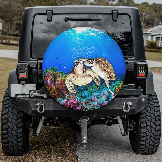 Petthouse | Couple Turtle In Love Spare Tire Cover Undersea Artwork Tire Wrap Sea Turtle Wrap Car Decoration