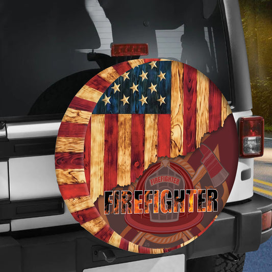 Petthouse | Firefighter American Flag Wood Spare Tire Cover Firefighter Gift Idea Decor Car