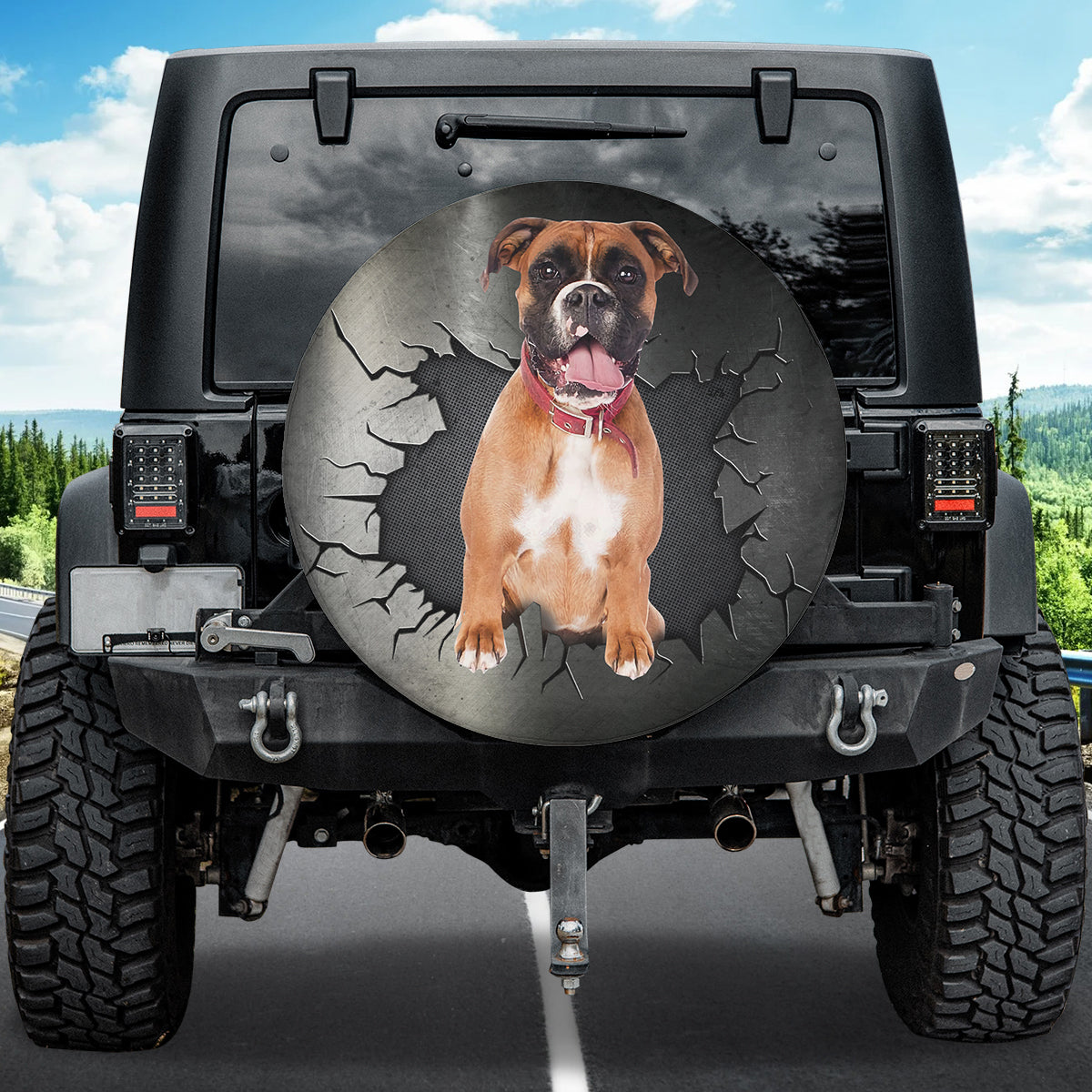 Petthouse | Boxer Peeking Out Crack Effect Spare Tire Cover Humourous Car Accessories Waterproof Durable