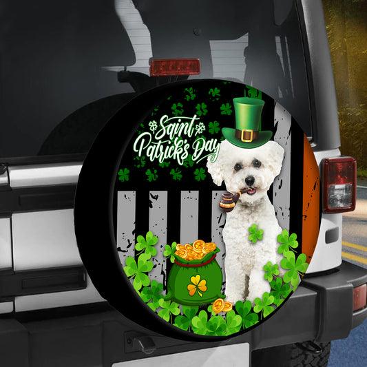 Petthouse | Bichon Frise Dog St Patricks Day American Flag Spare Tire Cover Dog Lover Gift