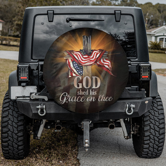 Petthouse | Cross American Flag Spare Tire Cover God Shed His Grace On Thee Wheel Cover Waterproof