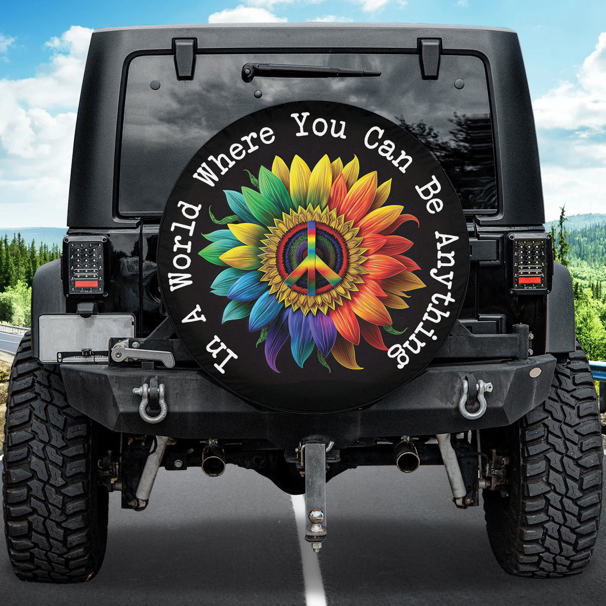 Petthouse | Hippie Peace Sign Tire Protector Spare Wheel Cover Sunflower Multicolor Spare Tire Cover