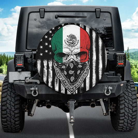 Petthouse | Mexican Skull American Flag Spare Tire Cover Horror Skull Truck Decor Mexico Patriots Gift