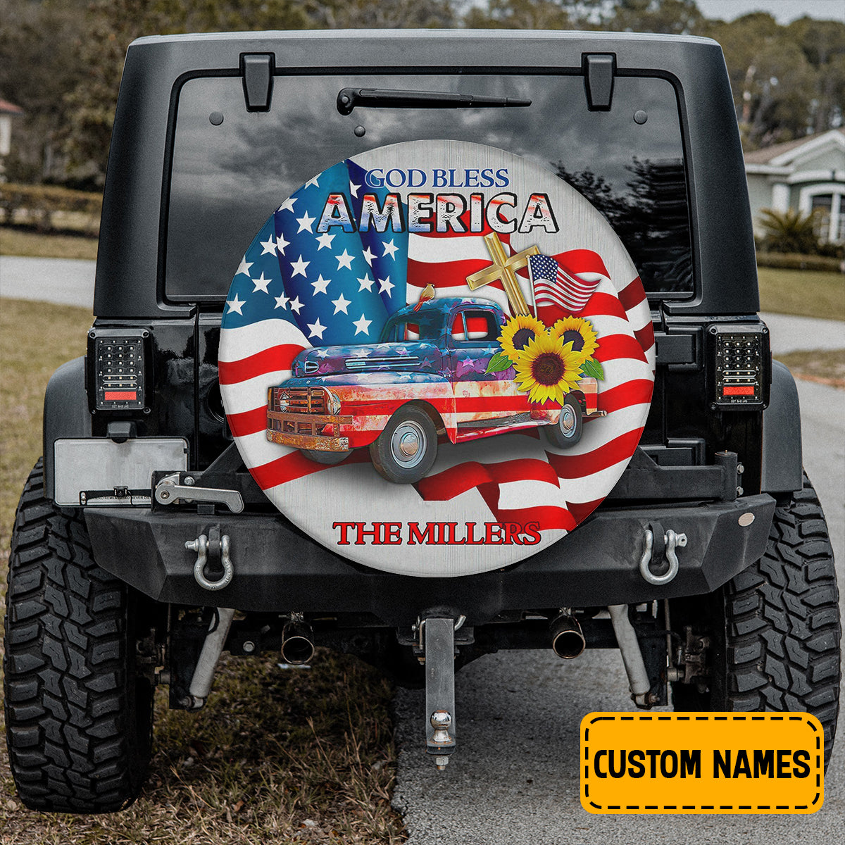 Petthouse | Customized Wheel Cover God Bless America Spare Tire Cover American Flag Truck Sunflower Independence