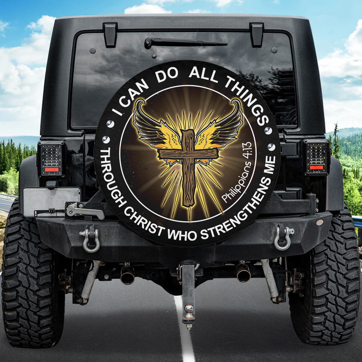 Petthouse | I Can Do All Things Through Christ Tire Cover Christ Cross Angel Wings Tire Cover Catholic Decor