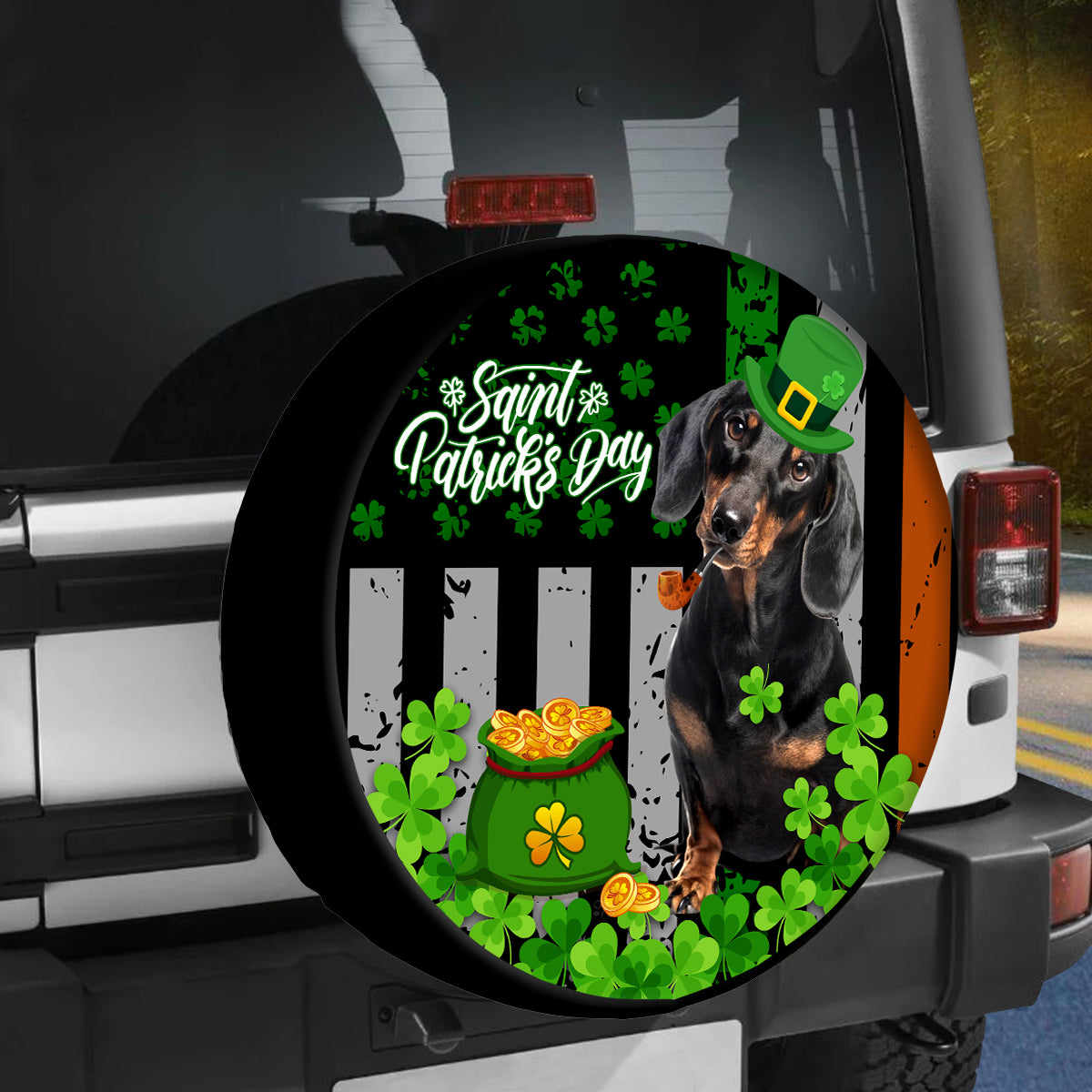 Petthouse | Spare Tire Cover With Dachshund Design Saint Patrick's Day Tire Cover Clover Tire Wrap