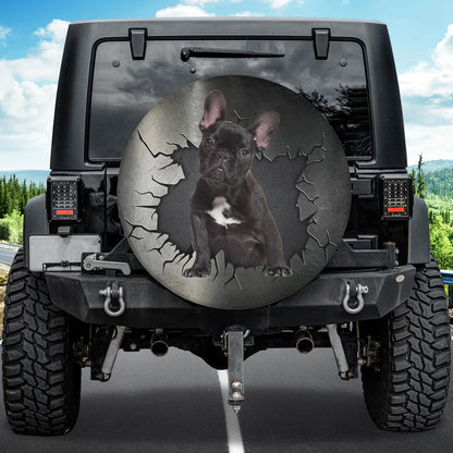 Petthouse | Black French Bulldog Puppy Tire Wheel Cover Dog Punched Wall Cracked Wheel Protector Dog Dad