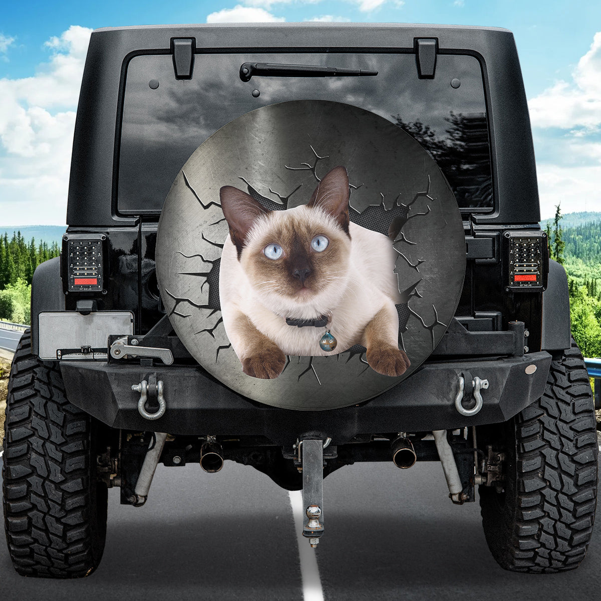 Petthouse | Siamese Cat Camper Tire Cover Big Hole Cracked Metal Print Spare Wheel Cover Cat Dad Car Accessory