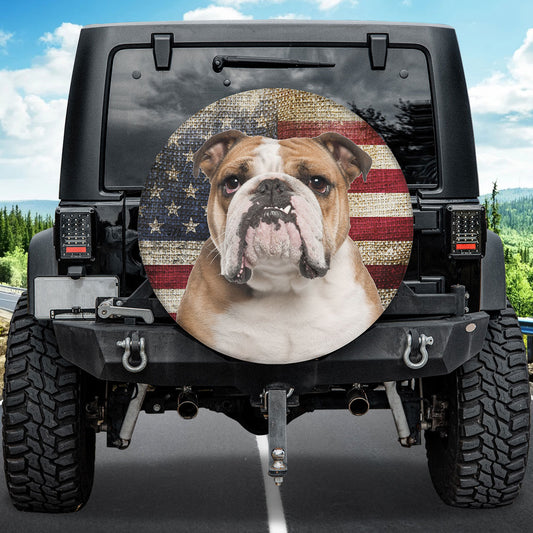 Petthouse | English Bulldog Camper Tire Cover Dog Paw\nprint Wheel Cover Usa Flag Burlap Print