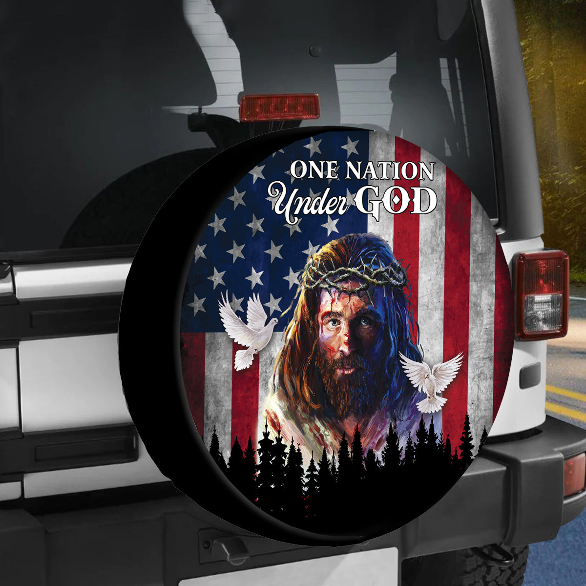 Petthouse | Jesus Portrait Jesus Painting Spare Tire Cover One Nation Under God American Flag Wheel Cover