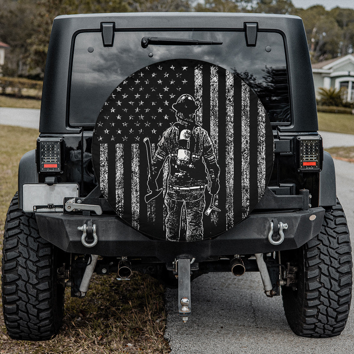 Petthouse | Firefighter American Flag Grunge Spare Tire Cover Firefighter First In Last Out Fireman Gift