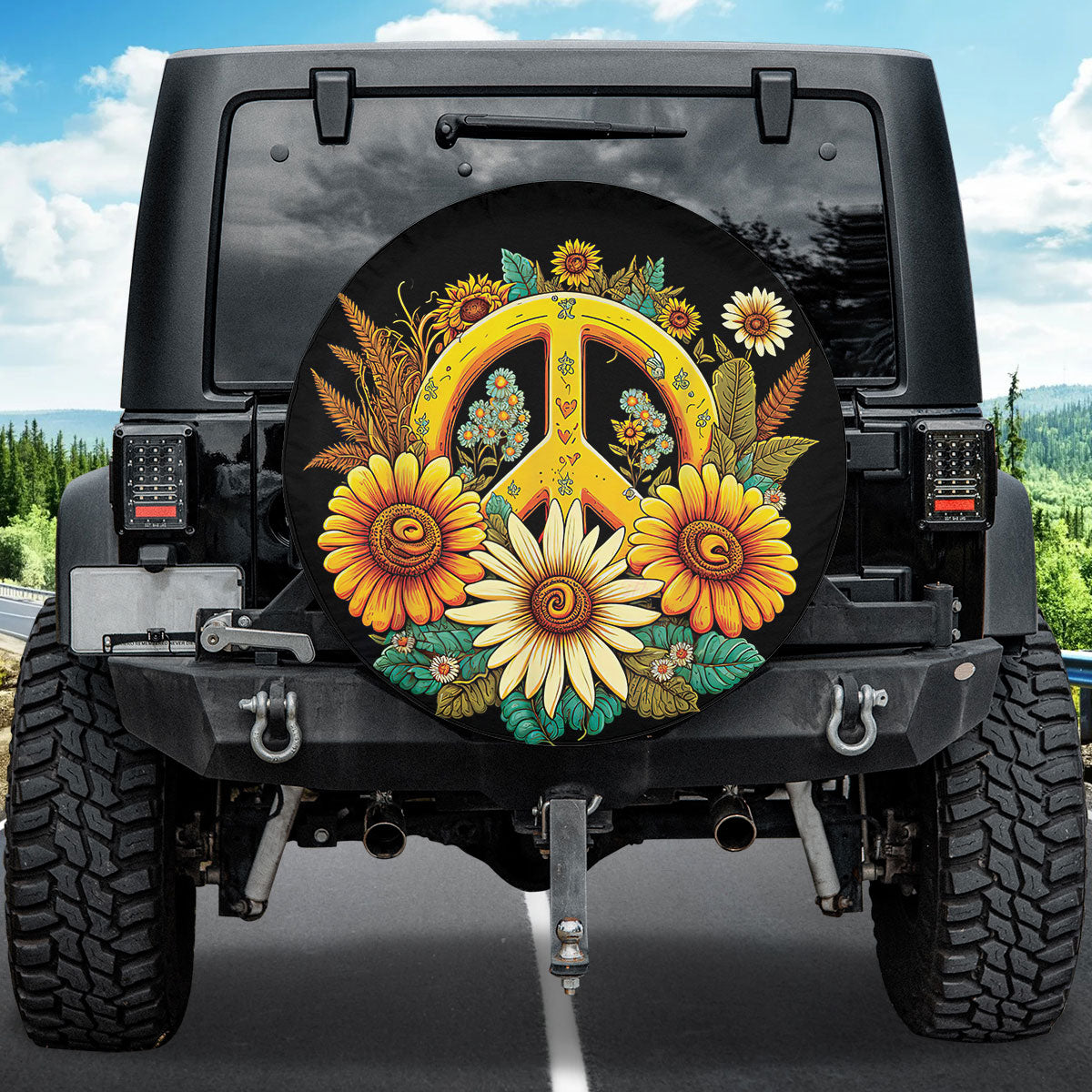 Petthouse | Sunflower Spare Tire Cover Peace Sign Wheel Cover Durable Tire Protector Spring Tire Storage Bag