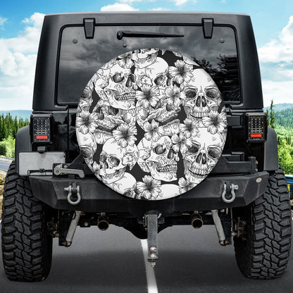 Petthouse | Skull Hibiscus Pattern Spare Tire Cover Dark Skull Skeleton Car Accessory Truck Decor