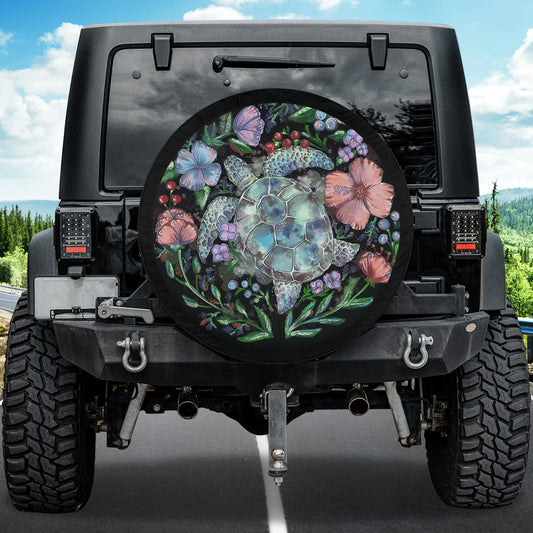 Petthouse | Watercolor Floral Sea Turtle Artwork Tire Cover Sea Turtle Tire Wrap Vintage Wrap Car Decoration