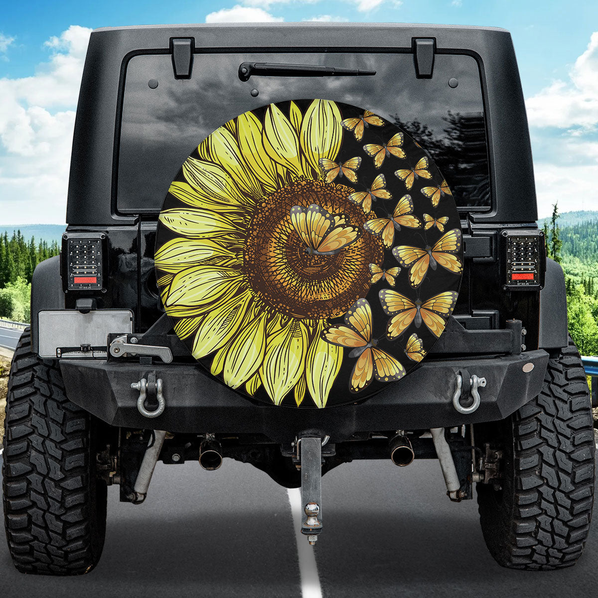 Petthouse | Sunflower Butterflies Spare Tire Cover Yellow Floral Flower Wheel Tire Cover Truck Decoration