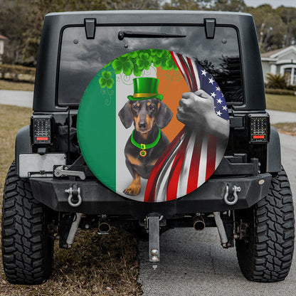 Petthouse | Dachshund Puppy In Hat Spare Tire Cover Ireland American Flag Tire Cover Happy St Patrick's Day Gift