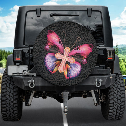 Petthouse | Jesus Cross Christian Spare Tire Cover Butterfly Spare Tire Cover Black Leather Print Canvas Tire