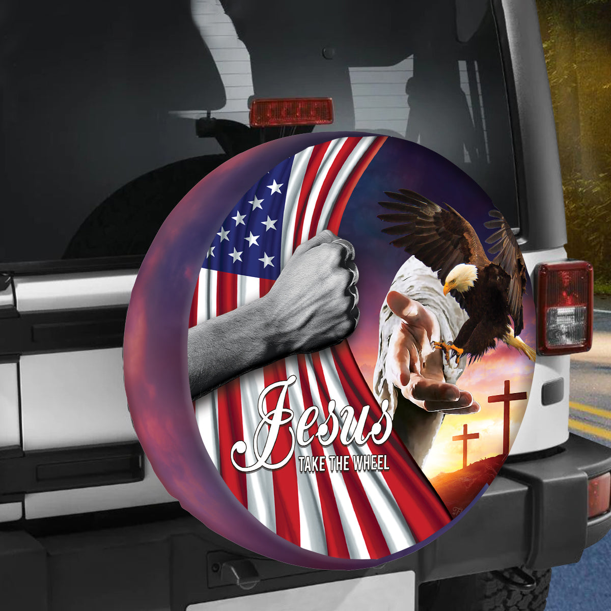 Petthouse | Jesus Take The Wheel Spare Tire Cover Jesus Christ Eagle American Flags God Bless