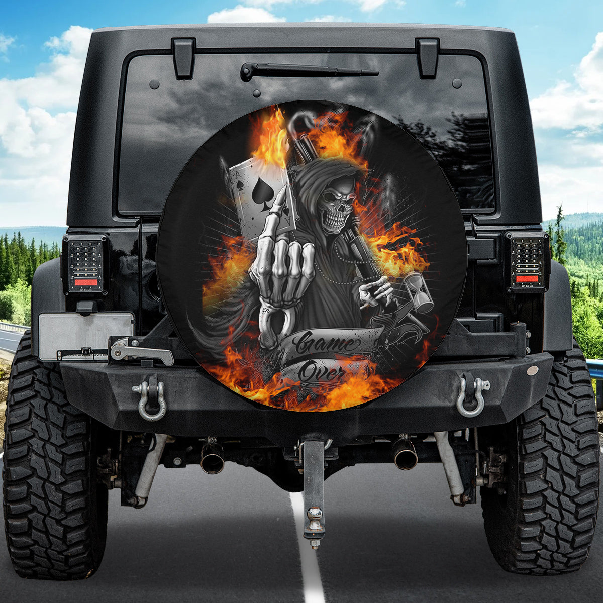 Petthouse | Game Over Spare Tire Cover Death Tire Wrap Death Flaming Tire Wrap Car Decoration