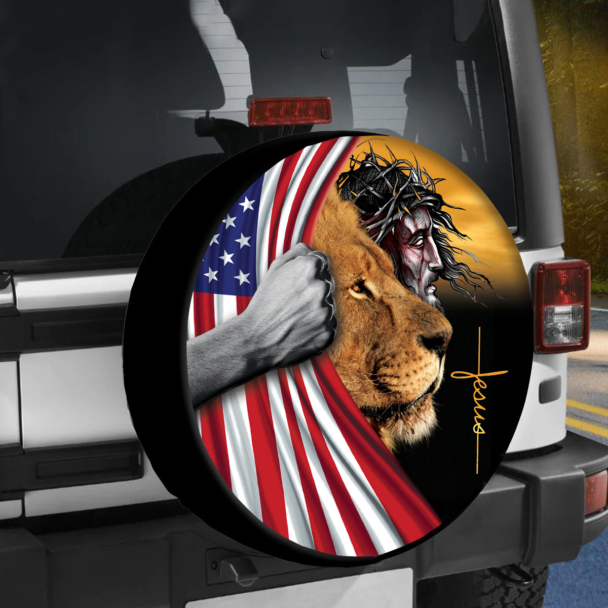 Petthouse | Jesus Lion Spare Tire Cover American Flag Tire Wrap Jesus Spare Tire Cover Christian Car Decor