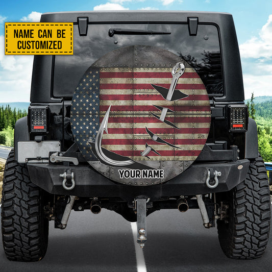 Petthouse | Customized Fishing Hook American Flag Steel Spare Tire Cover Fishing Lover Wheel Cover Fisher Man Gift