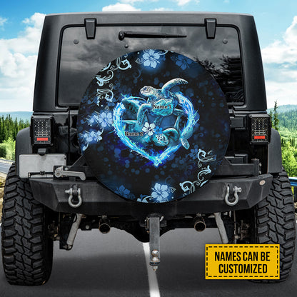 Petthouse | Custom Name Couple Sea Turtle Water Flame Heart With Blue Tropical Flowers Spare Tire Cover