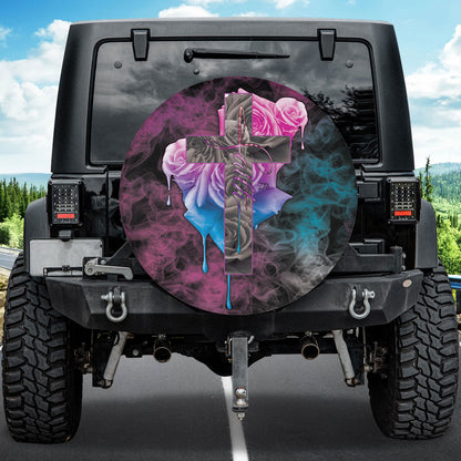 Petthouse | Faith Jesus Christian Cross Roses Smoke Spare Tire Cover Truck Decoration Religious Gift